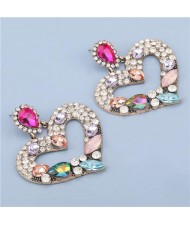 High Fashion Colorful Rhinestone Embellished Heart Women Statement Earrings - Pink