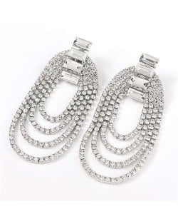 Rhinestone Decorated Chain Tassel U.S.Fashion Banquet Women Earrings - Silver