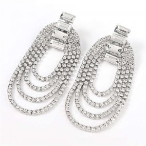 Rhinestone Decorated Chain Tassel U.S.Fashion Banquet Women Earrings - Silver