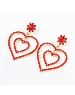 Dual Hearts Acrylic Gems Embellished Korean Fashion Women Earrings - Red