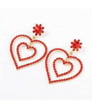 Dual Hearts Acrylic Gems Embellished Korean Fashion Women Earrings - Red