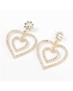 Dual Hearts Acrylic Gems Embellished Korean Fashion Women Earrings - White