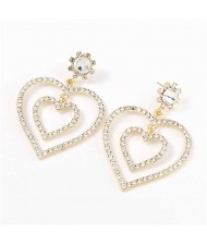 Dual Hearts Acrylic Gems Embellished Korean Fashion Women Earrings - White