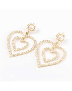 Dual Hearts Acrylic Gems Embellished Korean Fashion Women Earrings - Pearl