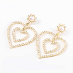Dual Hearts Acrylic Gems Embellished Korean Fashion Women Earrings - Pearl