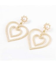 Dual Hearts Acrylic Gems Embellished Korean Fashion Women Earrings - Pearl