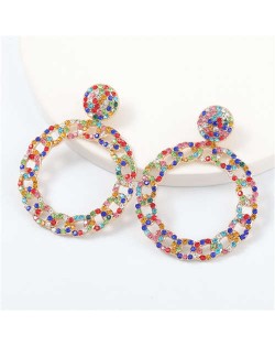 Rhinestone Inlaid Chain-like Round Design Women Costume Earrings - Multicolor