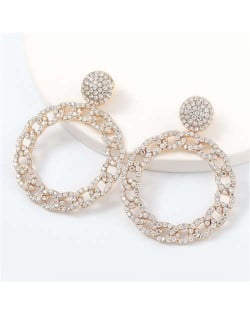 Rhinestone Inlaid Chain-like Round Design Women Costume Earrings - Golden