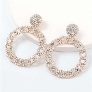 Rhinestone Inlaid Chain-like Round Design Women Costume Earrings - Golden