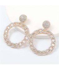 Rhinestone Inlaid Chain-like Round Design Women Costume Earrings - Golden