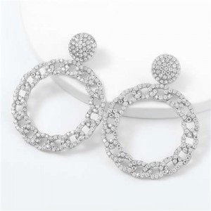 Rhinestone Inlaid Chain-like Round Design Women Costume Earrings - Silver 