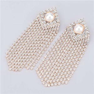Artificial Pearl Inlaid Glistening Tassel Chains Design Model Choice Women Fashion Earrings - Golden