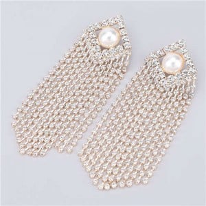 Artificial Pearl Inlaid Glistening Tassel Chains Design Model Choice Women Fashion Earrings - Golden