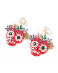 Oil-spot Glazed Skull Design Punk Fashion Women Alloy Costume Earrings - Red
