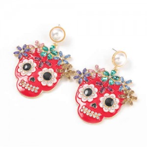 Oil-spot Glazed Skull Design Punk Fashion Women Alloy Costume Earrings - Red