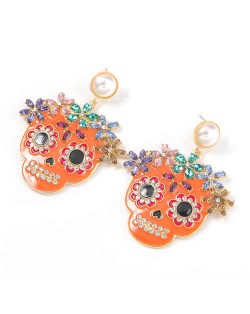 Oil-spot Glazed Skull Design Punk Fashion Women Alloy Costume Earrings - Orange