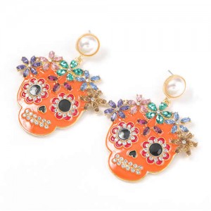 Oil-spot Glazed Skull Design Punk Fashion Women Alloy Costume Earrings - Orange