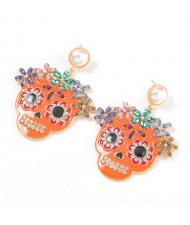 Oil-spot Glazed Skull Design Punk Fashion Women Alloy Costume Earrings - Orange