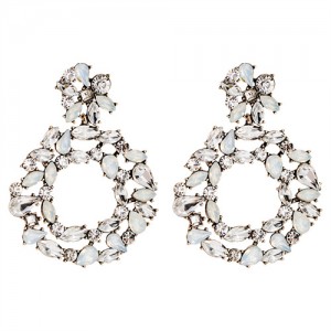 Spring Floral Fashion Women Graceful Rhinestone Hoop Alloy Earrings - White