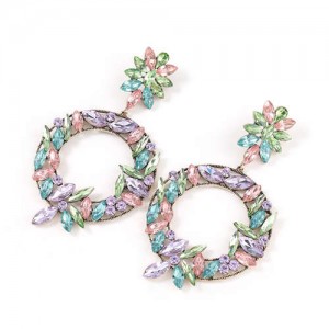 Spring Floral Fashion Women Graceful Rhinestone Hoop Alloy Earrings - Multicolor