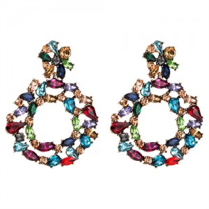Spring Floral Fashion Women Graceful Rhinestone Hoop Alloy Earrings - Multicolor