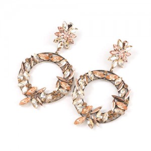 Spring Floral Fashion Women Graceful Rhinestone Hoop Alloy Earrings - Champagne
