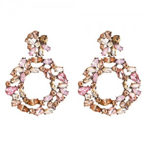 Spring Floral Fashion Women Graceful Rhinestone Hoop Alloy Earrings - Champagne