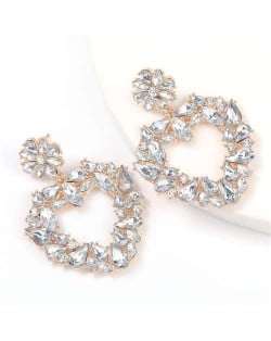 Floral Pattern Heart Shape Acrylic Gems High Fashion Women Alloy Earrings - White