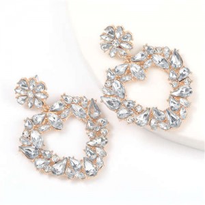 Floral Pattern Heart Shape Acrylic Gems High Fashion Women Alloy Earrings - White