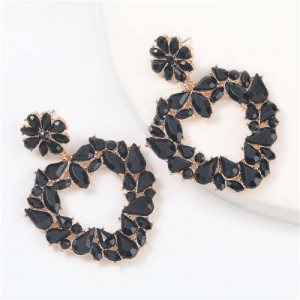 Floral Pattern Heart Shape Acrylic Gems High Fashion Women Alloy Earrings - Black