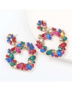 Floral Pattern Heart Shape Acrylic Gems High Fashion Women Alloy Earrings - Multicolor