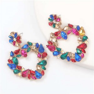 Floral Pattern Heart Shape Acrylic Gems High Fashion Women Alloy Earrings - Multicolor