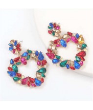 Floral Pattern Heart Shape Acrylic Gems High Fashion Women Alloy Earrings - Multicolor