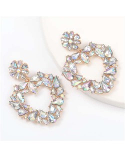 Floral Pattern Heart Shape Acrylic Gems High Fashion Women Alloy Earrings - Luminous White