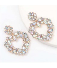 Floral Pattern Heart Shape Acrylic Gems High Fashion Women Alloy Earrings - Luminous White