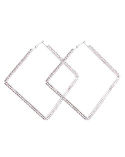 Rhinestone Inlaid Large Rhombus Shape Bold Fashion Women Statement Earrings - Silver