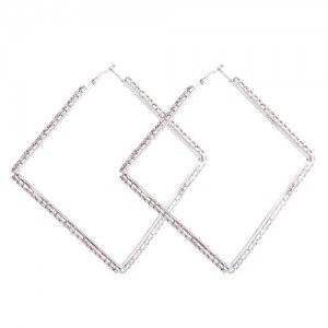 Rhinestone Inlaid Large Rhombus Shape Bold Fashion Women Statement Earrings - Silver