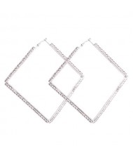 Rhinestone Inlaid Large Rhombus Shape Bold Fashion Women Statement Earrings - Silver