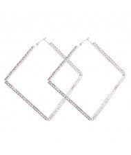 Rhinestone Inlaid Large Rhombus Shape Bold Fashion Women Statement Earrings - Silver