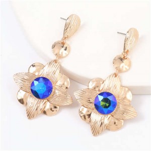Gem Inlaid Golden Flower Design Spring Fashion Women Alloy Earrings - Blue