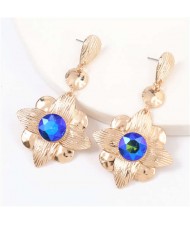 Gem Inlaid Golden Flower Design Spring Fashion Women Alloy Earrings - Blue