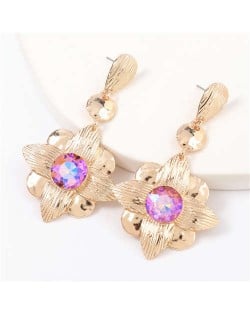 Gem Inlaid Golden Flower Design Spring Fashion Women Alloy Earrings - Pink