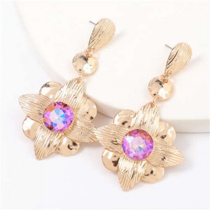 Gem Inlaid Golden Flower Design Spring Fashion Women Alloy Earrings - Pink
