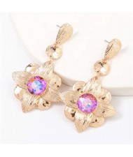 Gem Inlaid Golden Flower Design Spring Fashion Women Alloy Earrings - Pink