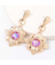 Gem Inlaid Golden Flower Design Spring Fashion Women Alloy Earrings - Pink