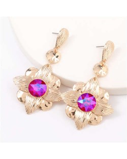 Gem Inlaid Golden Flower Design Spring Fashion Women Alloy Earrings - Rose