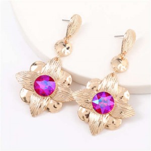 Gem Inlaid Golden Flower Design Spring Fashion Women Alloy Earrings - Rose