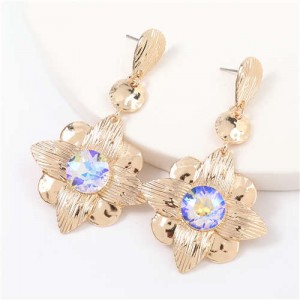 Gem Inlaid Golden Flower Design Spring Fashion Women Alloy Earrings - Luminous White