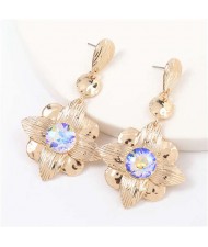 Gem Inlaid Golden Flower Design Spring Fashion Women Alloy Earrings - Luminous White