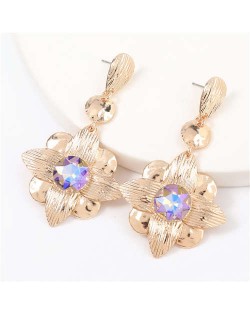 Gem Inlaid Golden Flower Design Spring Fashion Women Alloy Earrings - Violet